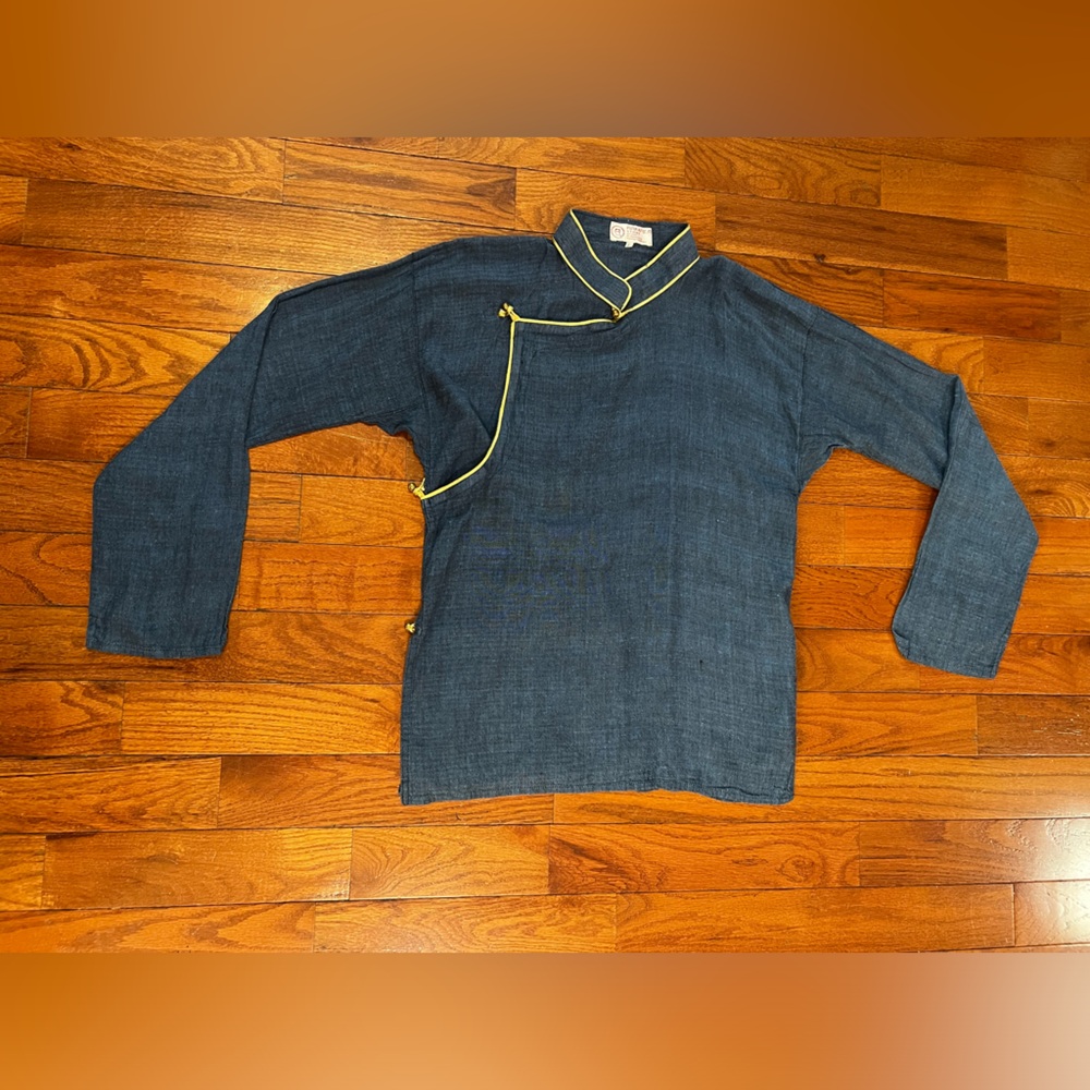 Aamala Store Nepal Blue Linen Mandarin Collar Frog Button Top Women's L